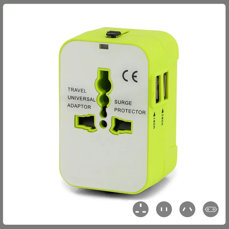 Universal travel adapter plug with USB charging port for international power conversion