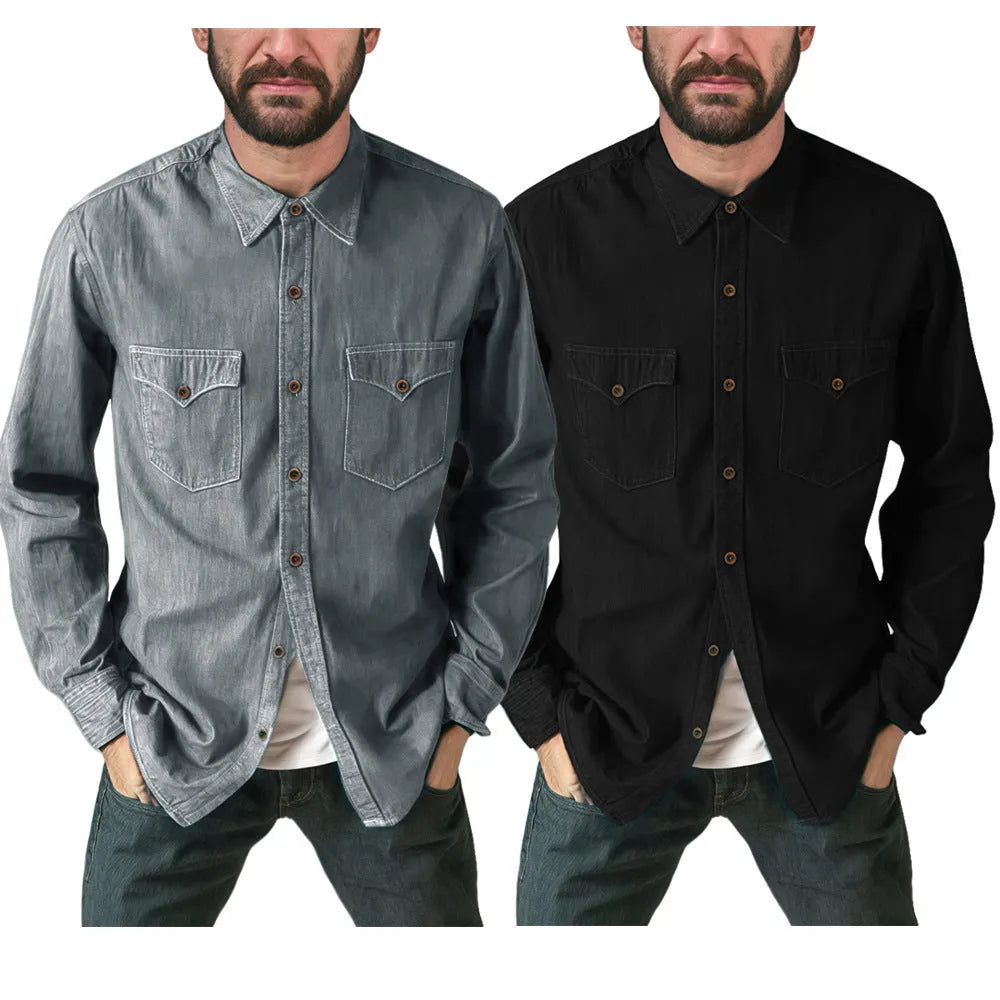 A regular-fit denim cardigan coat in khaki hanging on a rail.