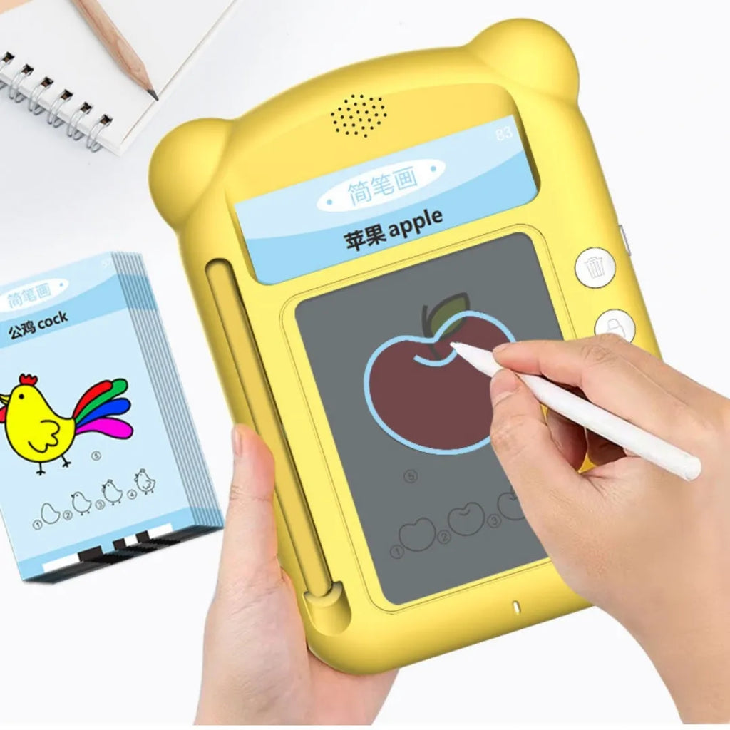 Yellow ABS plastic stick figure early learning machine with educational cards