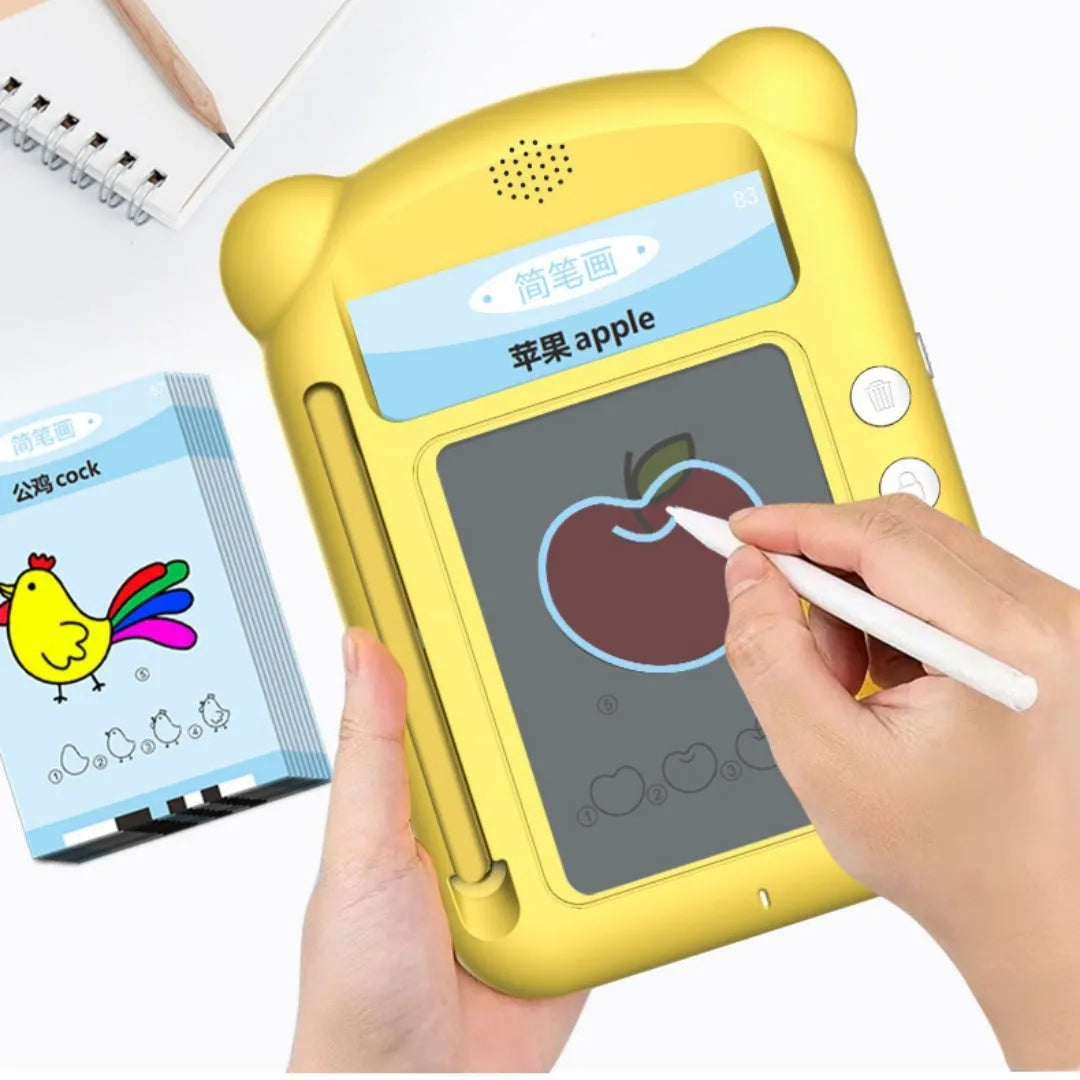 Yellow ABS plastic stick figure early learning machine with educational cards