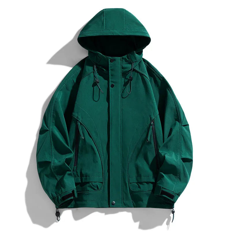 Loose fit windproof hooded jacket in rabbit fur modal fabric shown in phantom green