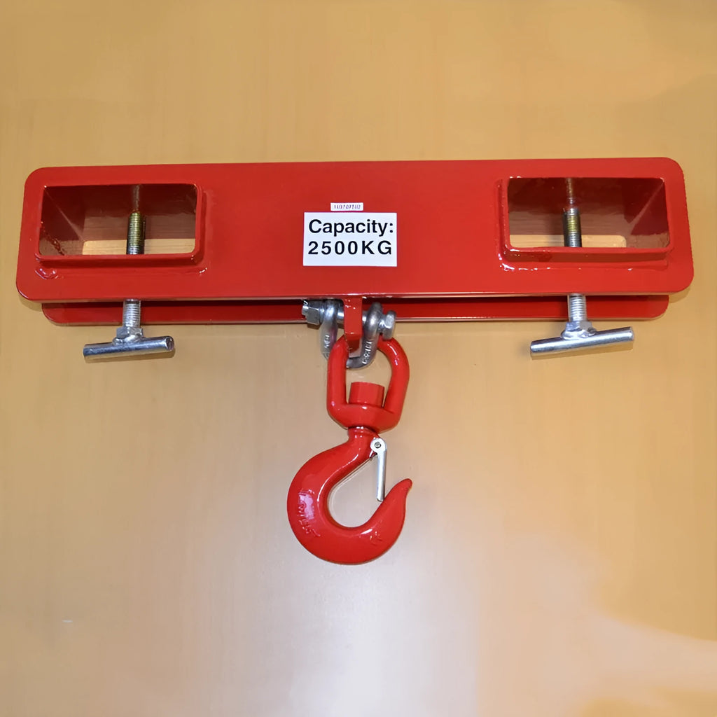 MK forklift rotatable crane hook with safety locking device on iron construction.