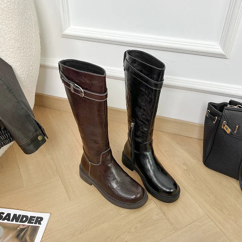 Women's knee-high black retro martin boots with square heel and side zipper