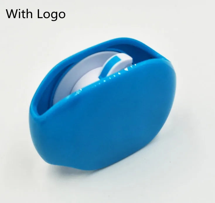 Automatic earphone cable winder unit in blue showing retracted cable, next to a black unit for size comparison.