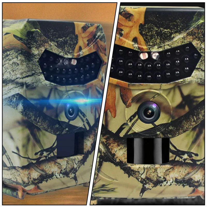 Yellow brown plastic hunting game camera with infrared LEDs and lens for outdoor wildlife monitoring