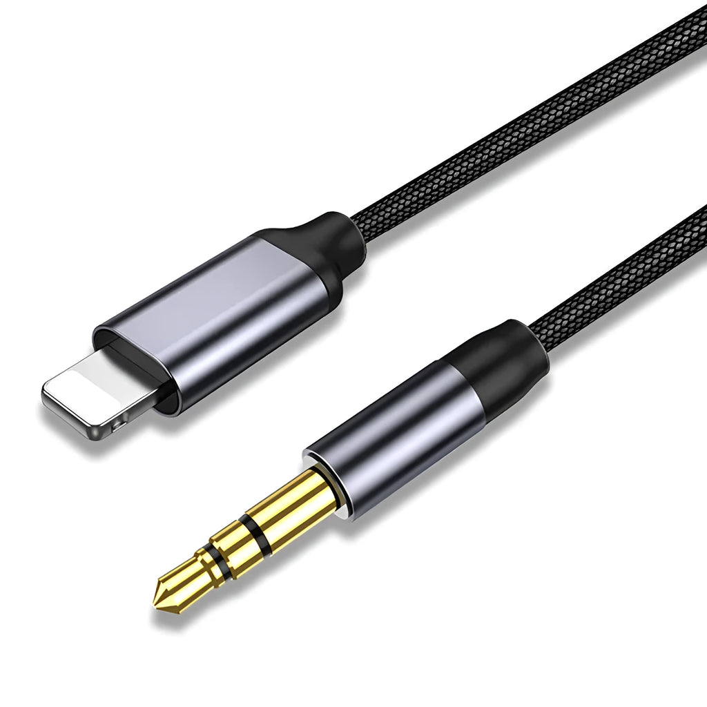 Black and silver nylon-braided 3.5mm audio auxiliary cable with metal connectors.