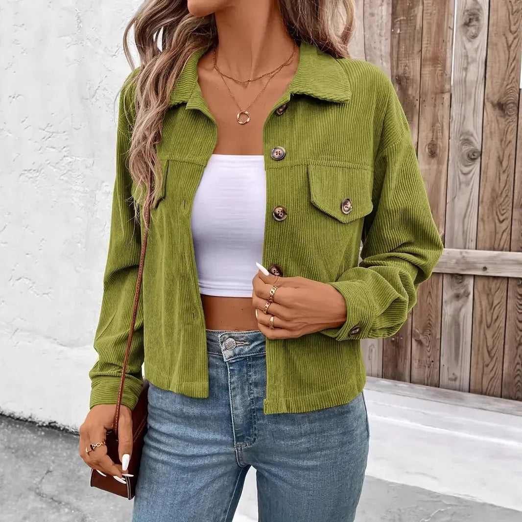 Women's retro artistic polyester shirt coat jacket in loose fit with button front
