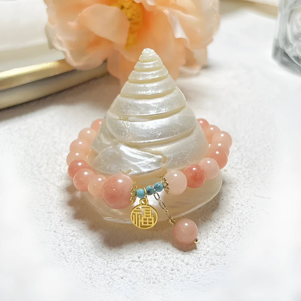 Pink natural stone bracelet on adjustable alloy chain for women, simple jewellery design