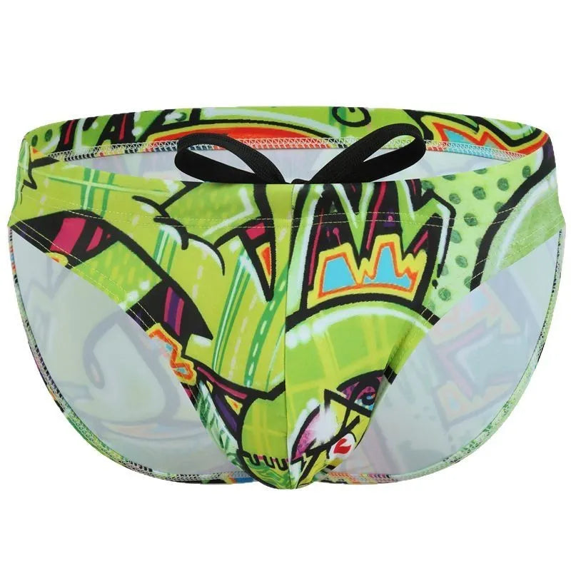 Men's printed swimming trunks in polyester fabric showing cyber, ice cream, streamer and skull pattern options