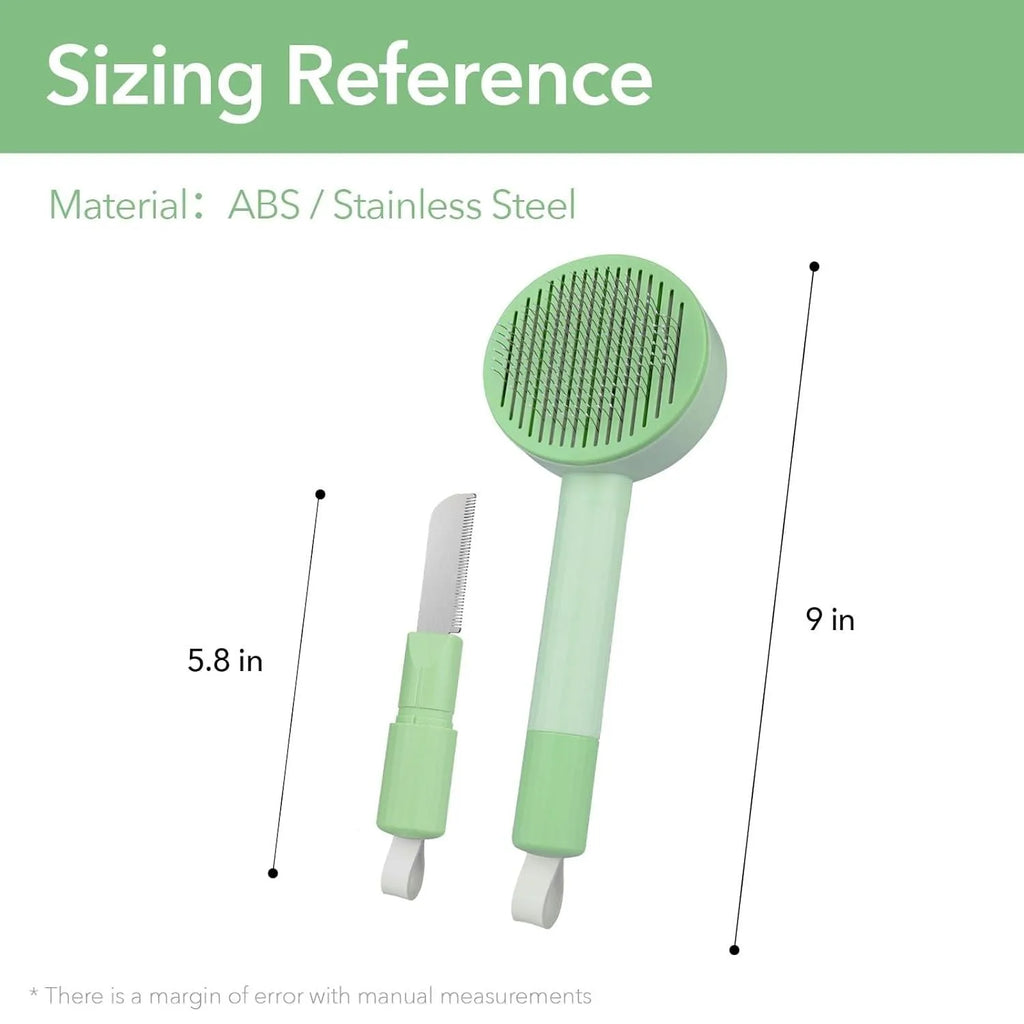 Green and yellow pet grooming brush with stainless steel comb for cats and dogs, showing hanging loop and curved teeth design