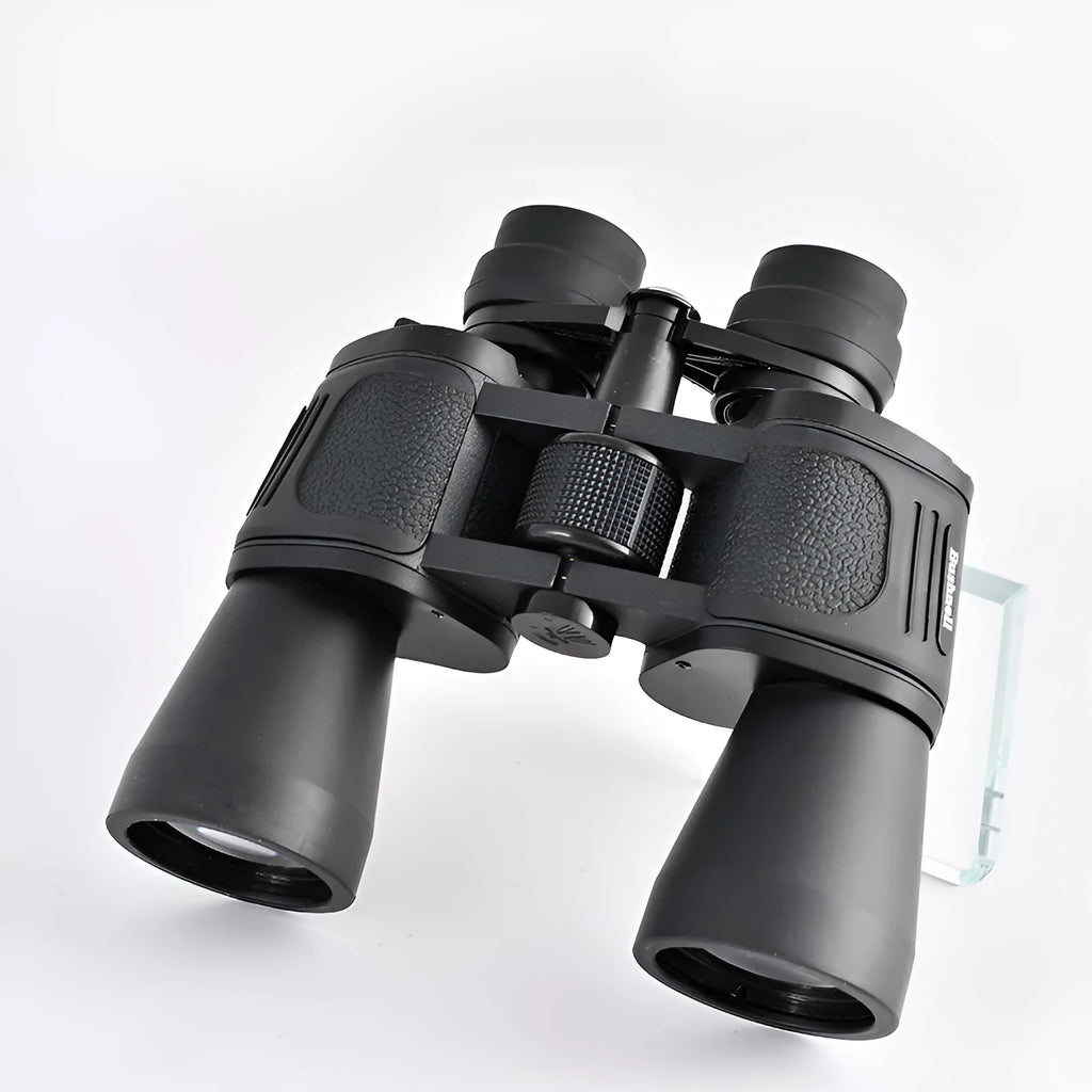 A set of black outdoor binoculars with large 100mm objective lenses and a continuous zoom control for 20-120x magnification.