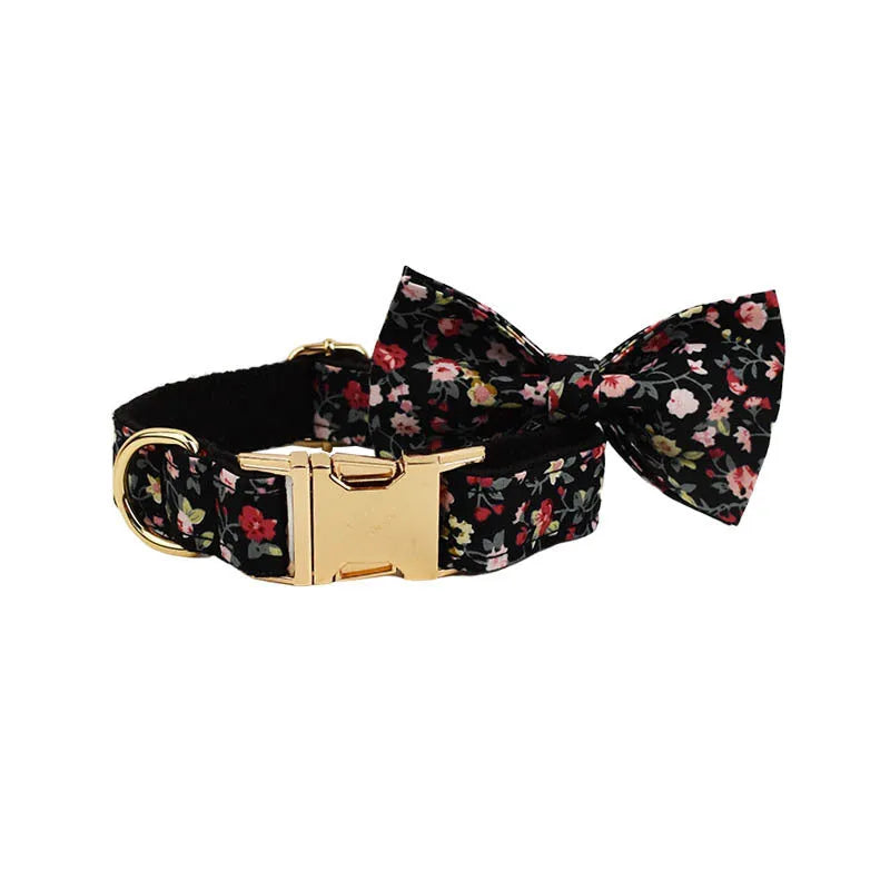 Printed pet collar and leash set with matching dog vest and removable bow accessory