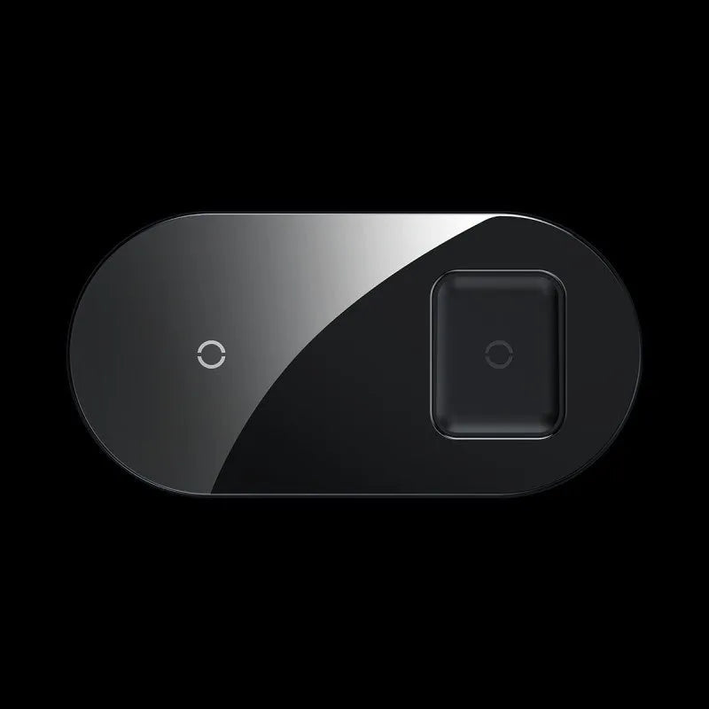 Two-in-one fast wireless charging pad with breathing light, aluminium and glass build, black colour, shown on desk