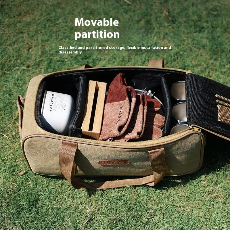 Outdoor camping tableware set with gas stove and cookware in Oxford cloth storage bag for 5-6 people