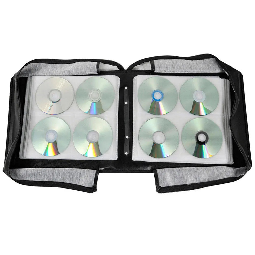 Black Oxford cloth CD storage binder with zipper closure and top carrying strap