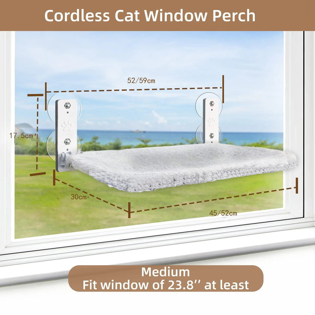 Cordless cat window hammock with stainless steel frame in grey plush on a window