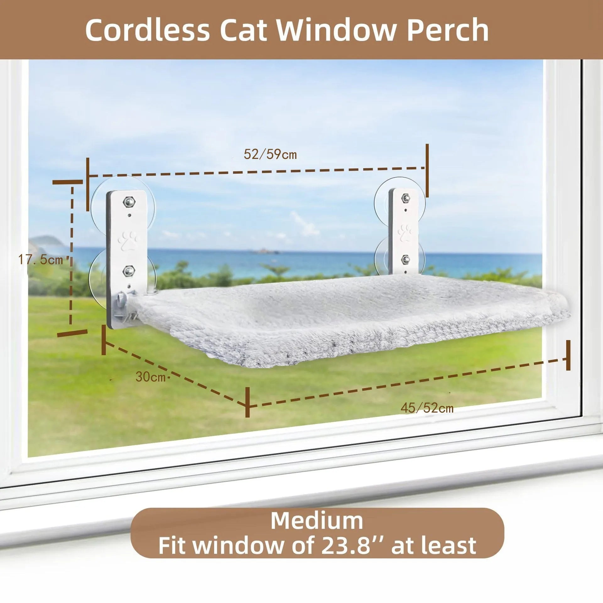 Cordless cat window hammock with stainless steel frame in grey plush on a window