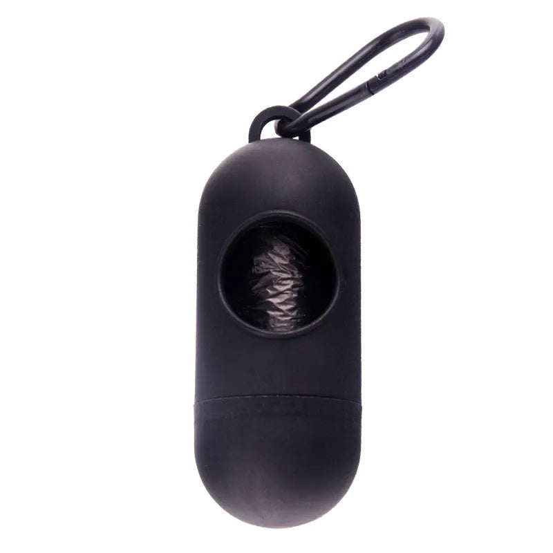 Compact dog poop bag holder with side hook and Velcro base, shown in assorted colours