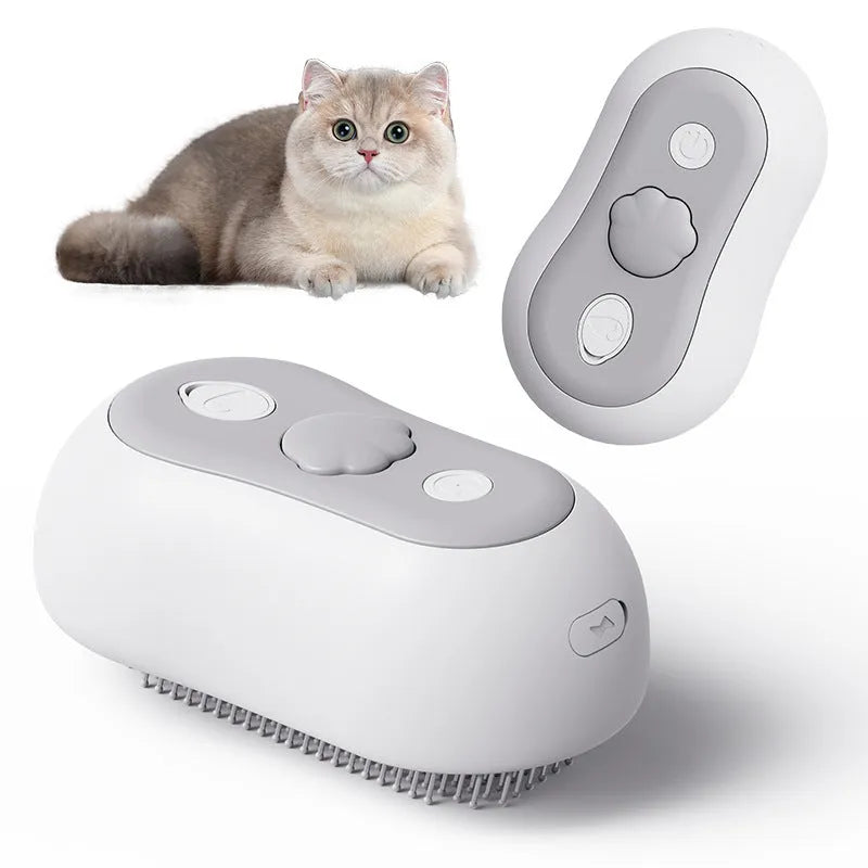 Cordless cat grooming massage comb in beige yellow, blue, grey, or orange colours with silicone teeth.
