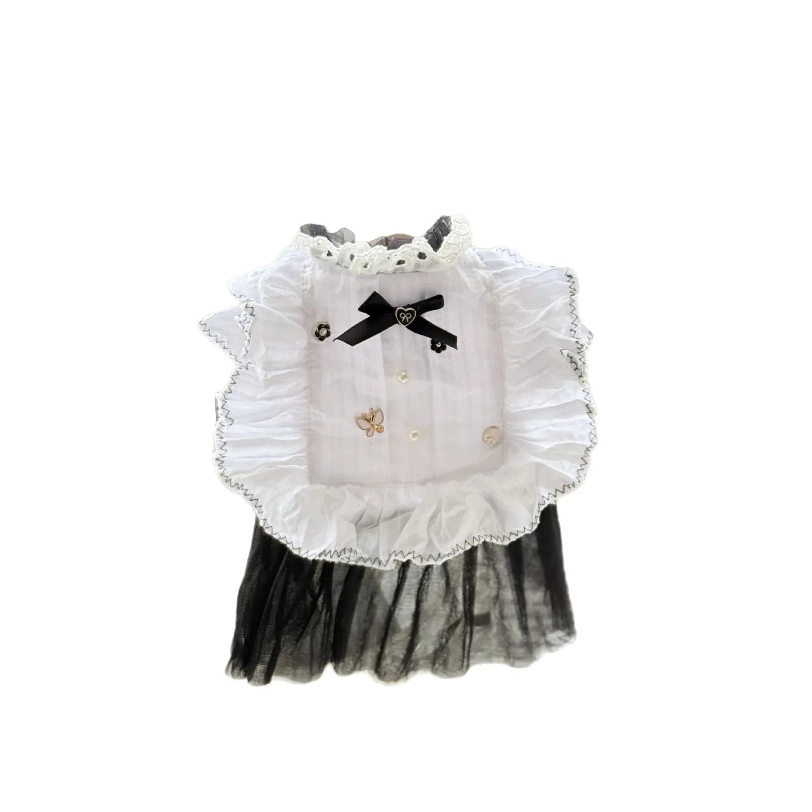 White polyester gauze skirt for a small dog, showing princess style and tiered design on a mannequin.