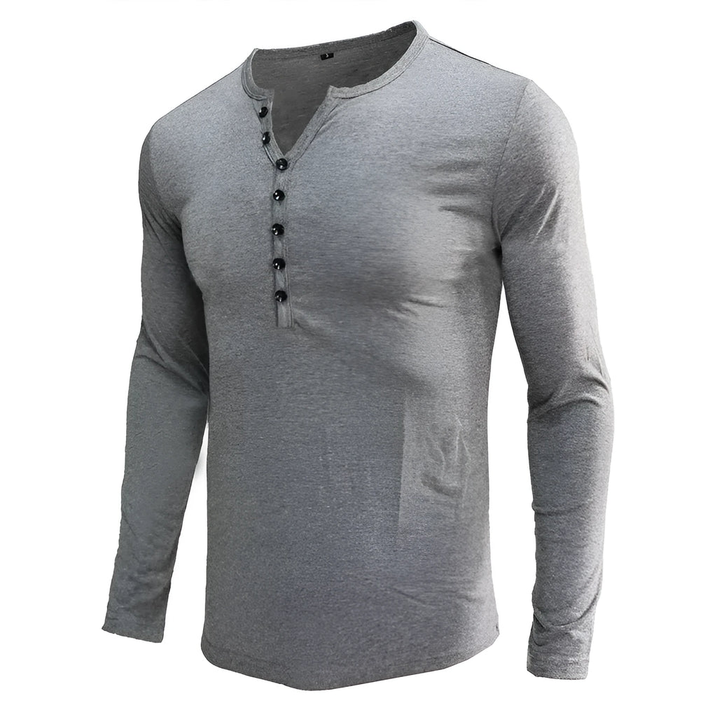 Men's solid colour cotton long sleeve T-shirt with Henry collar in blue