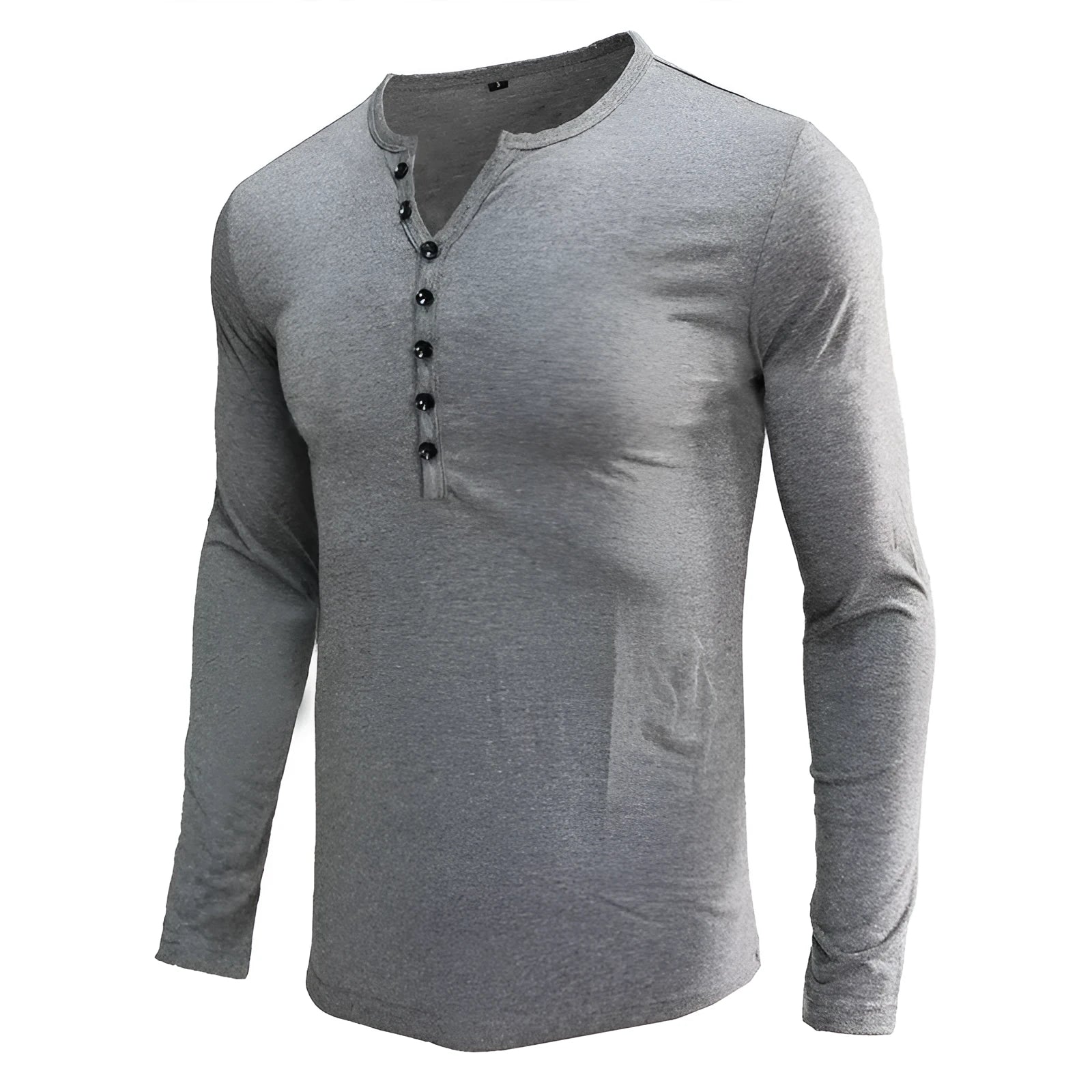 Men's solid colour cotton long sleeve T-shirt with Henry collar in blue