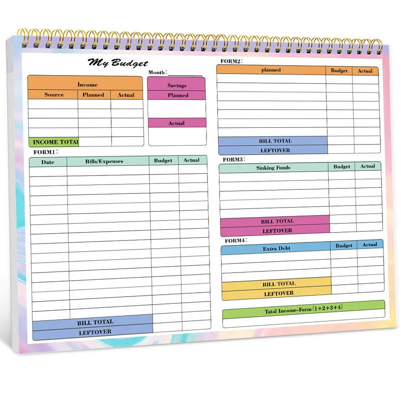 B5 spiral-bound budget tally notebook with a PP cover, open to show numbered pages for income and expenditure tracking.