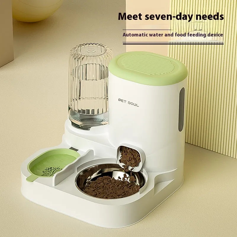 Automatic cat feeding and water fountain station with integrated double bowl in avocado green