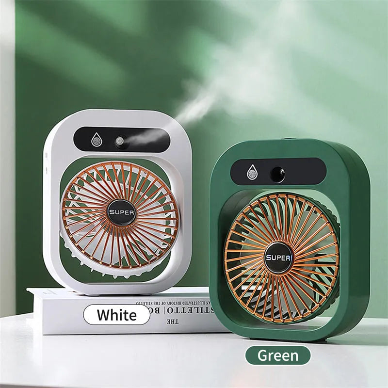 Green and white USB rechargeable portable desk fan with misting humidifier function and adjustable wind direction.