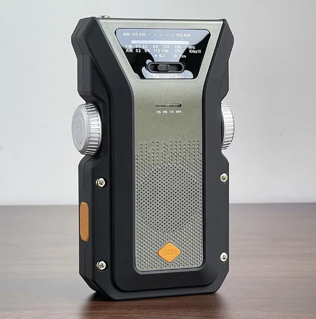 Multifunctional solar hand-shake radio flashlight with LED light in army green on white background