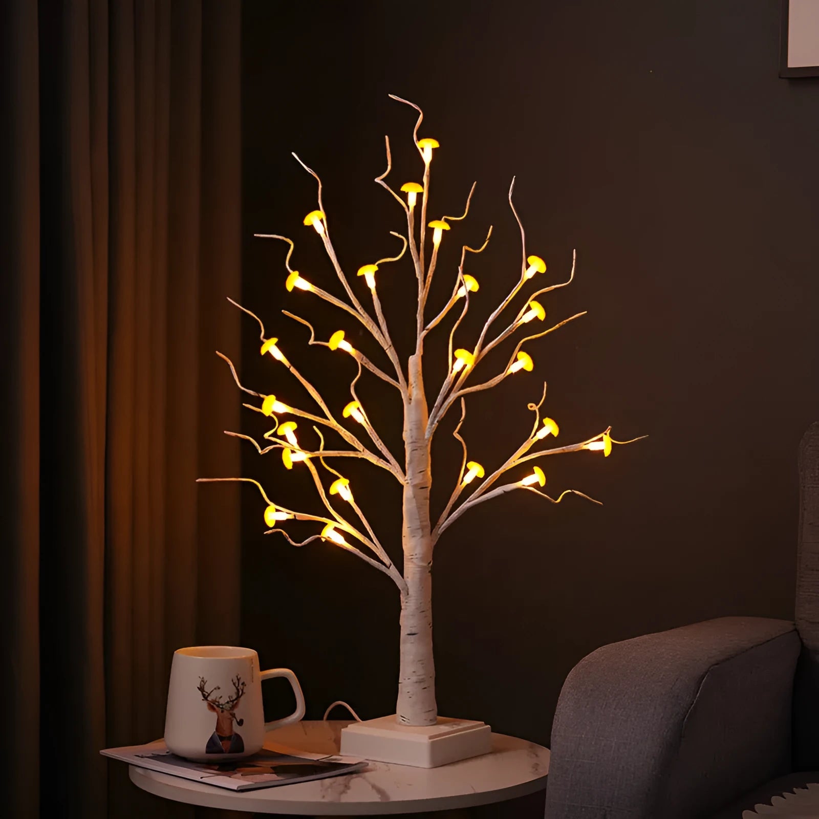 60cm tall white mushroom tree LED lamp with detachable flowers on a birch-style base.