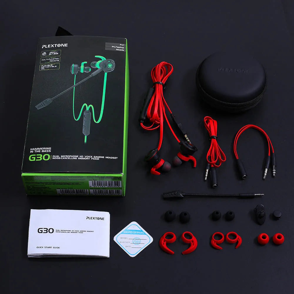 Shuangmai wired in-ear computer gaming headset in black, green, and red colours showing 1.5 cm cable.