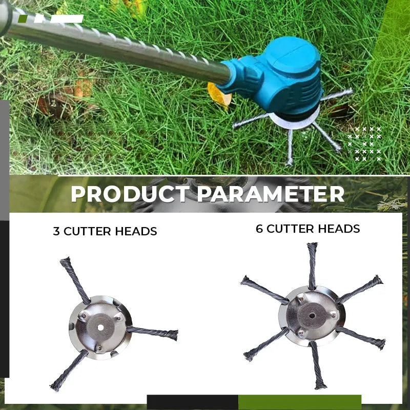 Stainless steel mower wire brush attachment for lithium battery grass trimmers showing wire configuration
