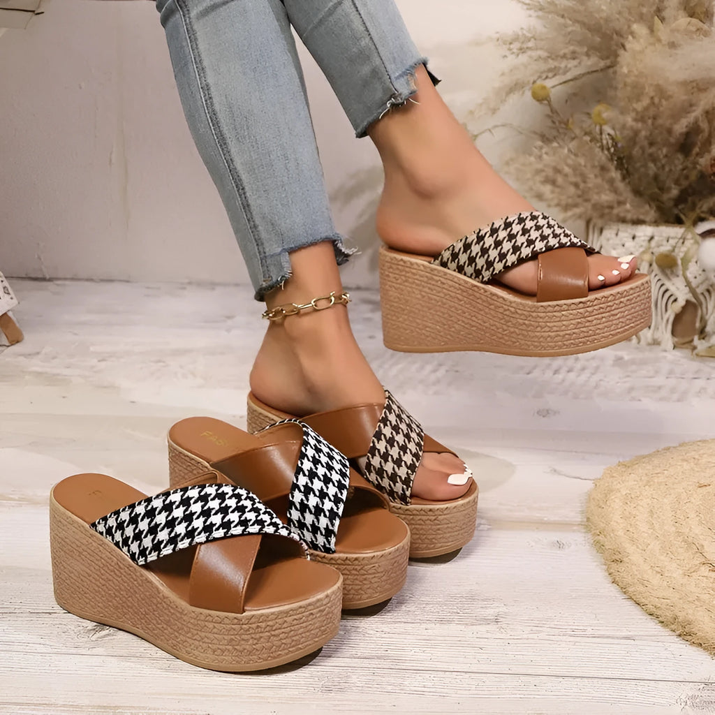 Women's Cross Leopard plaid wedge sandals with rubber sticky soles in brown and black colour options