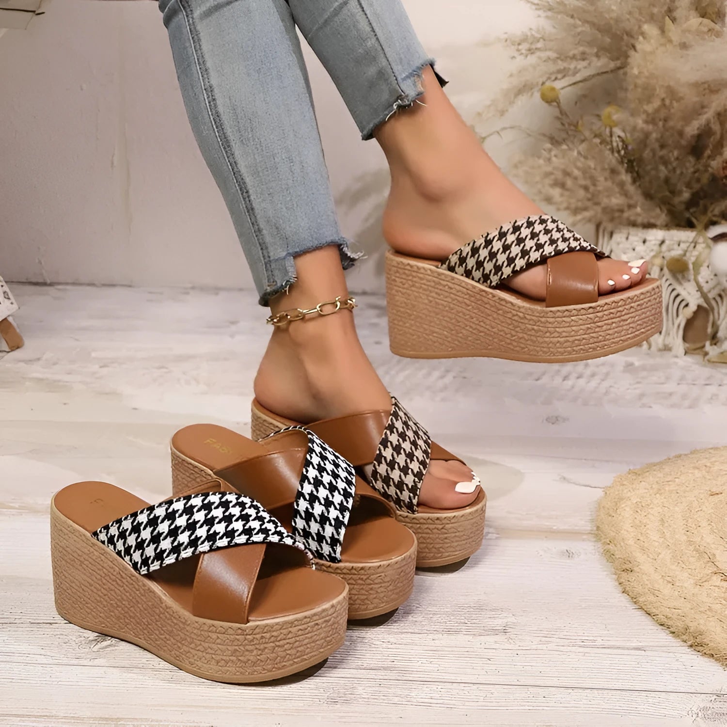 Women's Cross Leopard plaid wedge sandals with rubber sticky soles in brown and black colour options