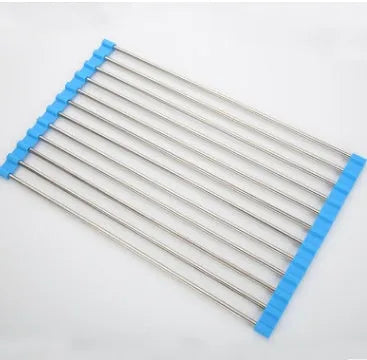 Folding stainless steel kitchen sink drying rack with multiple tubes, shown in a red finish.