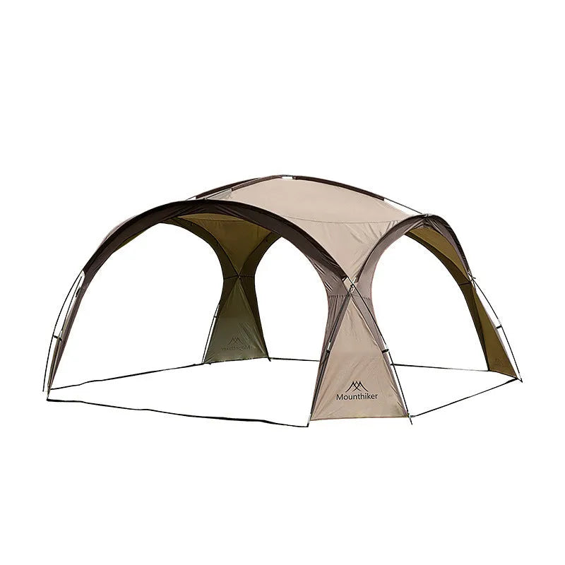 Outdoor dome canopy sunshade with ventilation, dimensions 410 cm by 230 cm, suitable for campsite use.