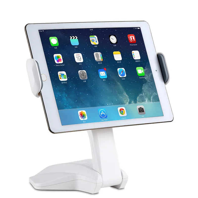White adjustable tablet support stand with 250mm height showing clip extended to maximum 260mm width