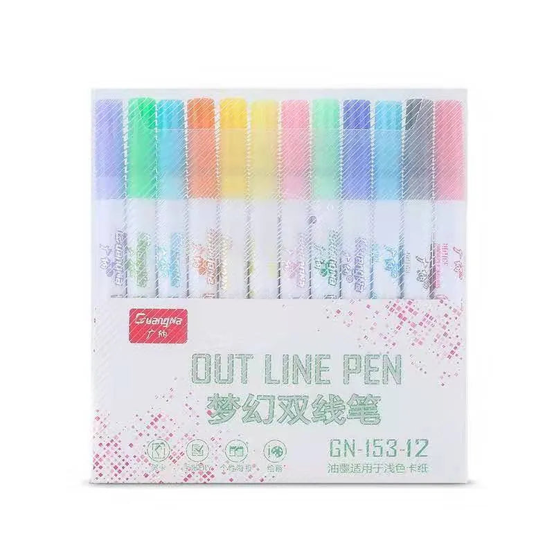 Set of highlighter pens with 1-2mm tips and water-based ink in various colours for student and office use.