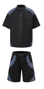 Retro washed denim short-sleeve suit jacket and matching trousers in blue, laid flat.