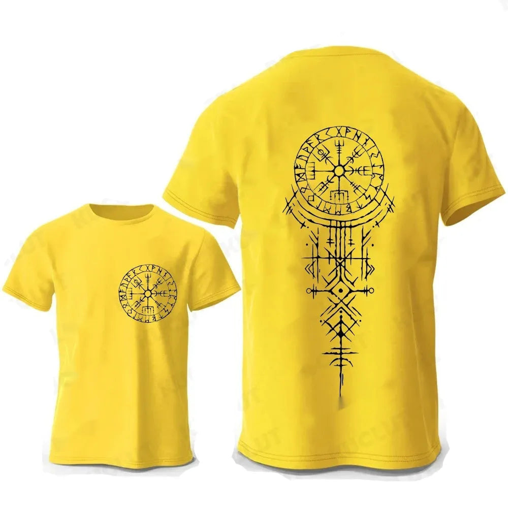 Men's grey Viking Rune Compass graphic T-shirt on a hanger