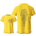 Men's grey Viking Rune Compass graphic T-shirt on a hanger
