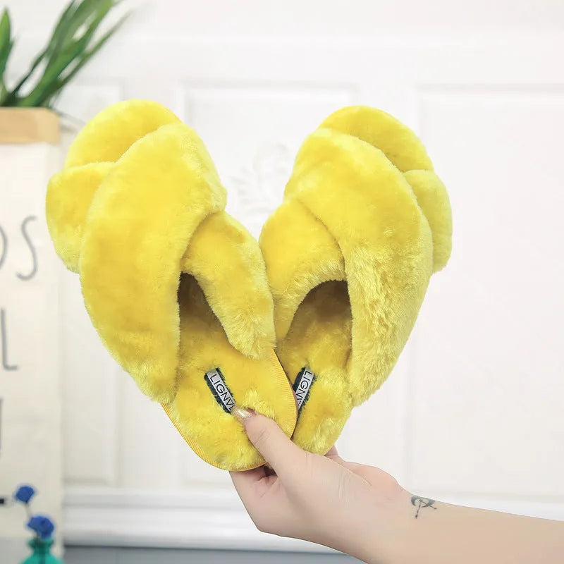 Women's cross open-toe fur slippers with patterned non-slip sole in multiple colour options