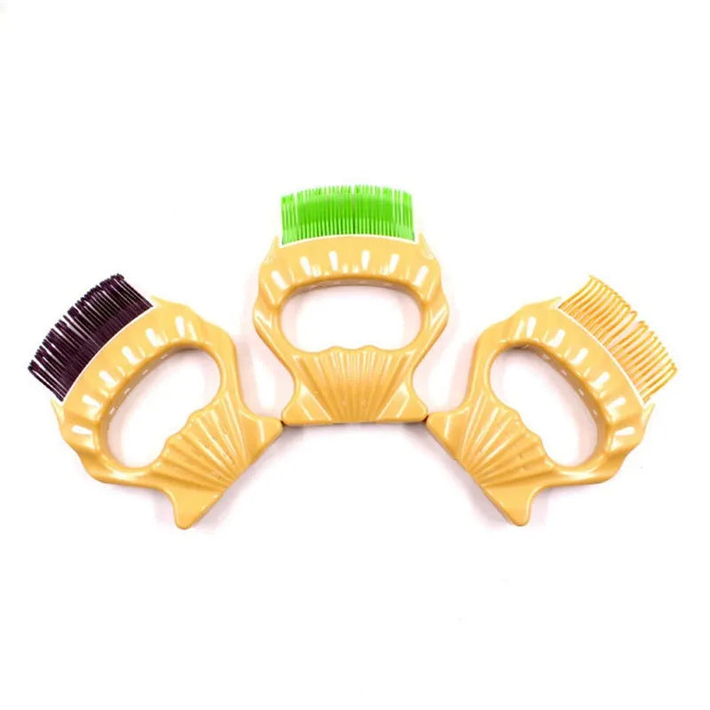 Shell-shaped pet grooming brush with coloured handle and wire bristles for dog and cat hair removal