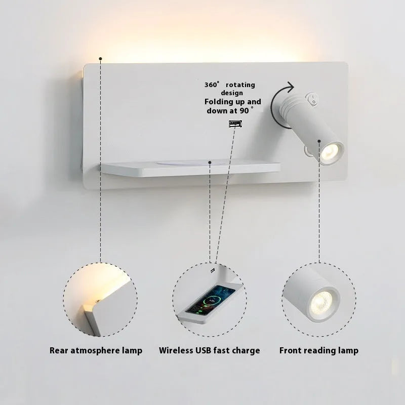 Modern minimalist Nordic style bedside wall lamp with USB wireless charging, iron shade, warm LED light