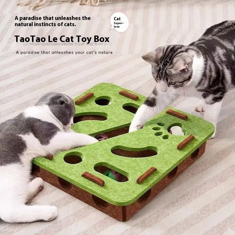 Green brown felt cat toy box with an open interior for scratching and hiding.