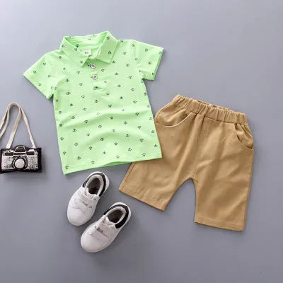 Anchor printed toddler pants suit in cotton, includes short sleeve top and trousers.