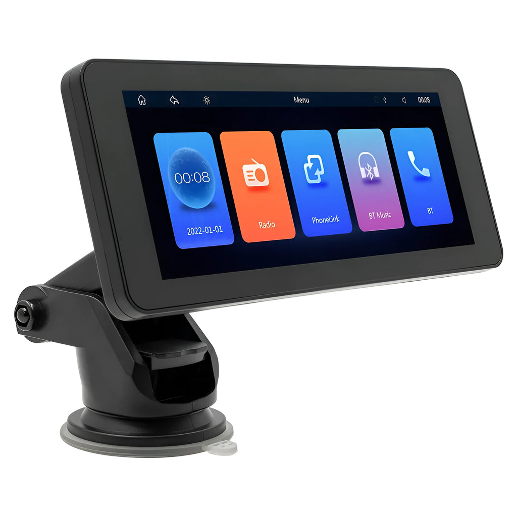 Portable wireless car video player with 6.86-inch screen showing multimedia display