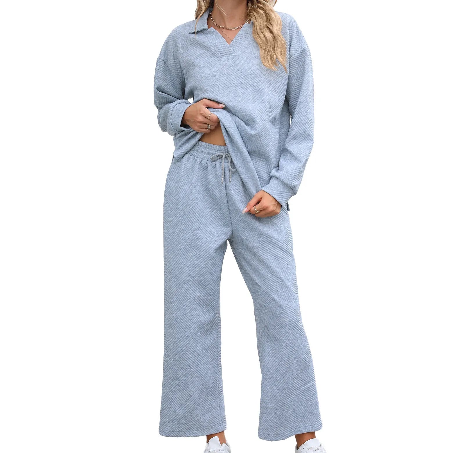 Women's solid colour knitted jacquard sweater and elastic waist cropped trousers suit set