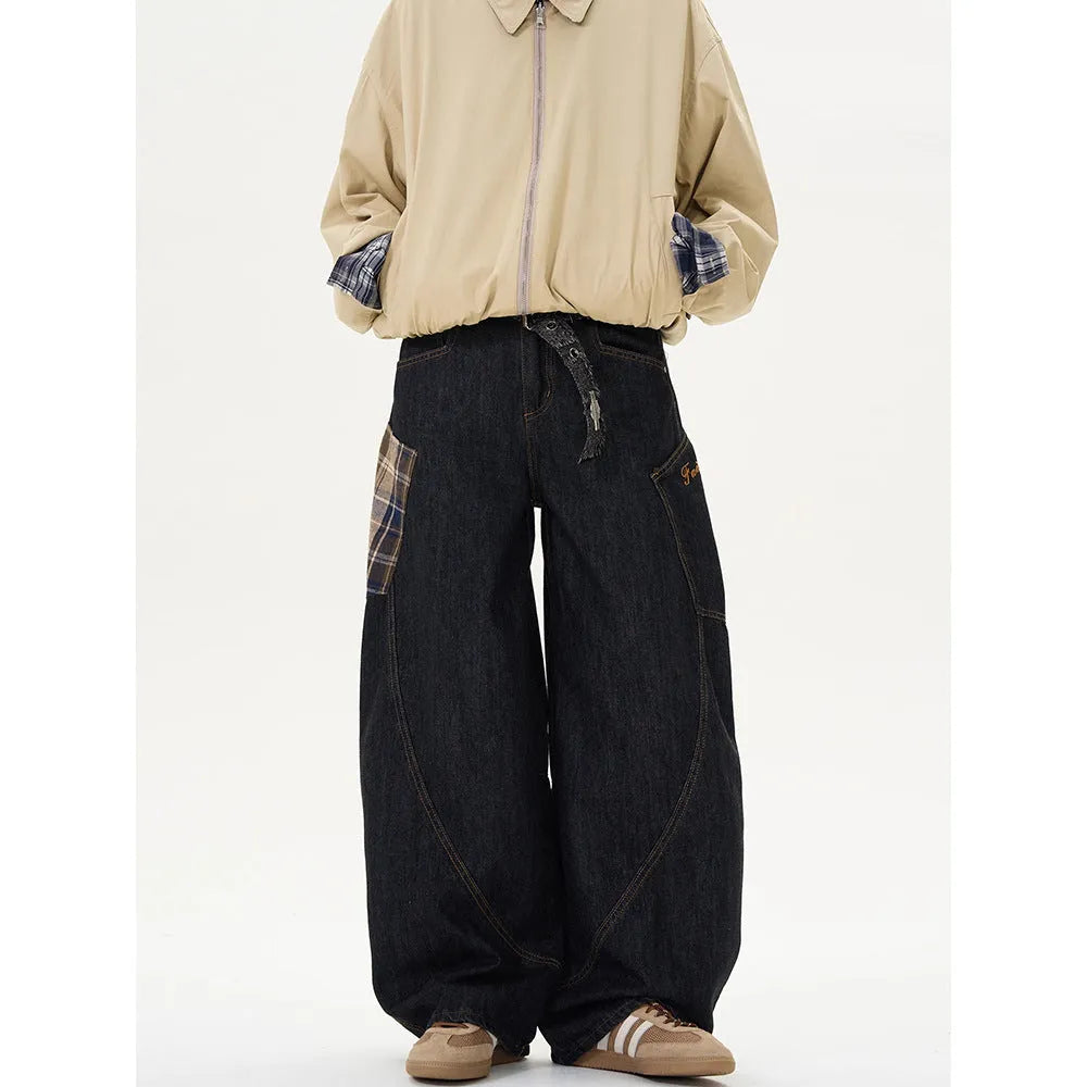 Loose fit straight-leg cotton trousers in a red plaid pattern, shown on a mid-waist.